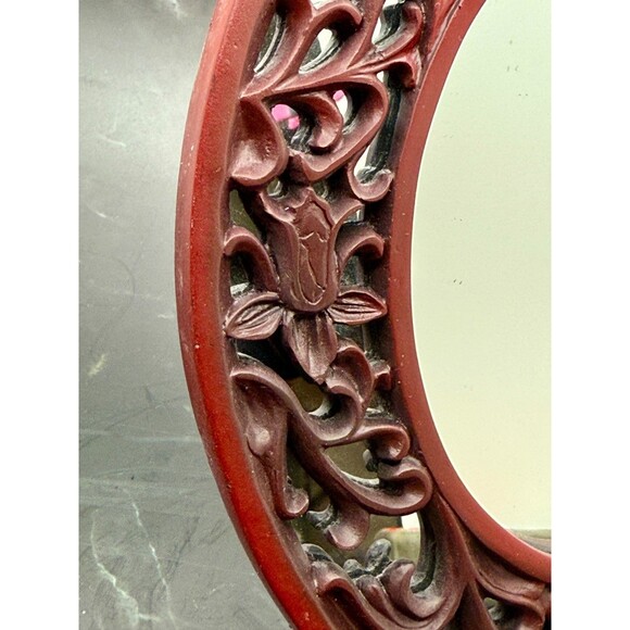 Vintage Ornate Carved Oval Faux Wood Framed Mirror 8" X 6.25" Stands - Picture 7 of 7